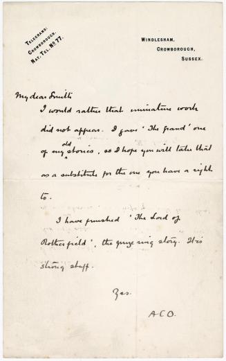 Manuscript letter written in Arthur Conan Doyle's handwriting. 