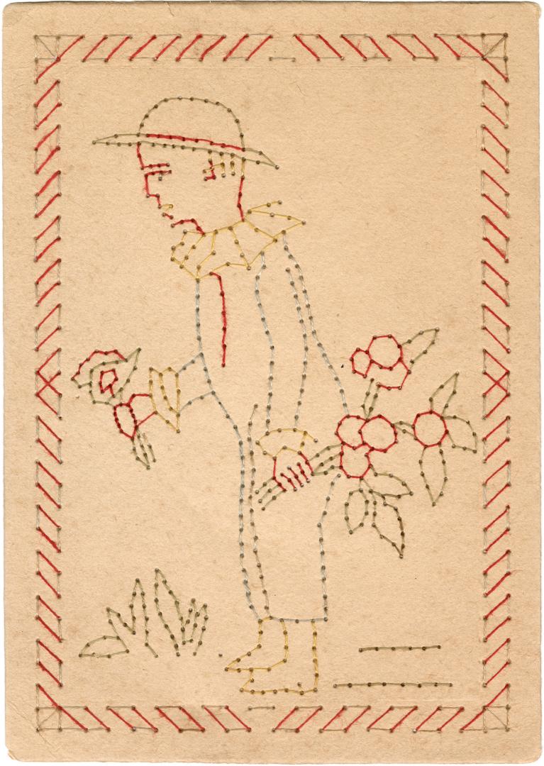 A man holds bouquets of flowers in both hands. The image is sewn directly onto cardstock. Handm ...