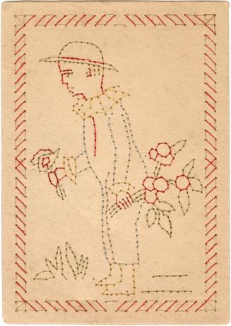 A man holds bouquets of flowers in both hands. The image is sewn directly onto cardstock. Handm ...