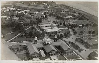 Black and white aerial shot of of large exhibition buildings.