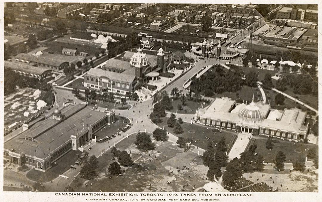 Black and white aerial shot of of large exhibition buildings. B & W.