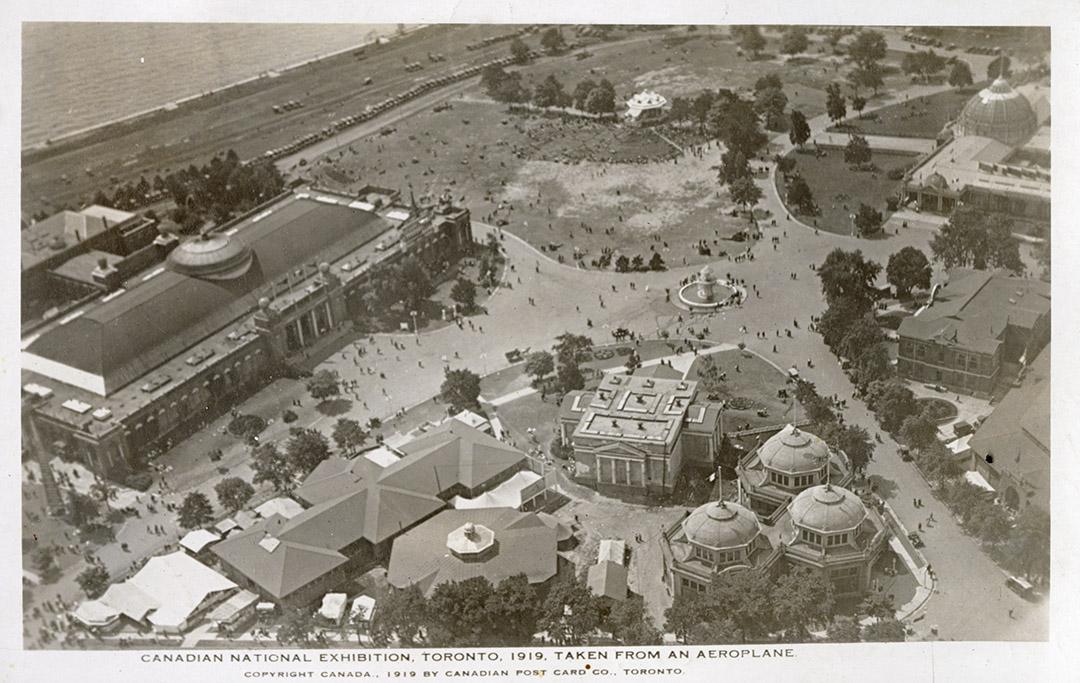 Aerial shot of large buildings in exhibition grounds. B & W.