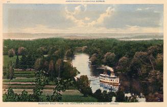 A steamship on a river in vast country covered with trees.