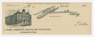 Crown Bank of Canada Toronto cheque featuring an engraving of the Grand Opera House (Toronto, O…