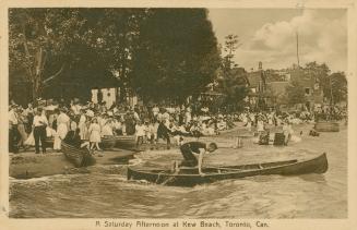 Sepia toned picture of a man hoping into a canoe in the water beside a crowded beach.
