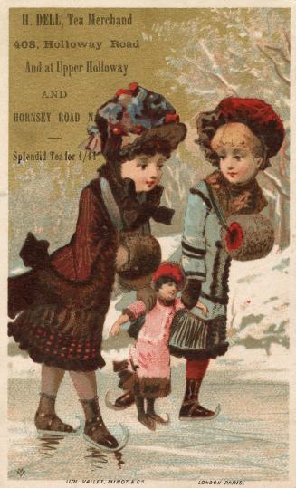 Colour trade card advertisement with caption, "H. DELL, Tea Merchand// 408, Holloway Road and a ...