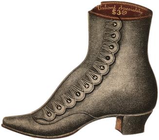 Colour trade card advertisement die-cut in the shape of a ladies heeled boot. The boot is grey/ ...