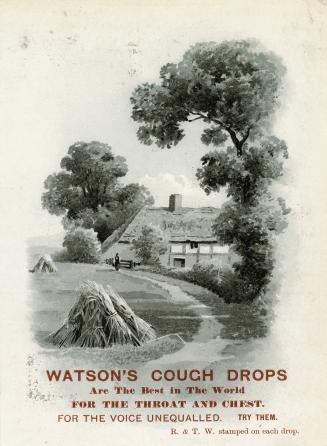 Trade card advertisement depicting a greyscale illustration of a rural home with a big tree and ...