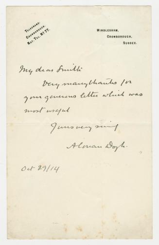 Windlesham, Crowborough, Sussex; "My dear Smith Very many thanks for your generous letter"