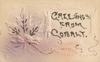 Cream colored card with a beaver and maple leaf embossed on it. "Greetings from Cobalt" in glit ...