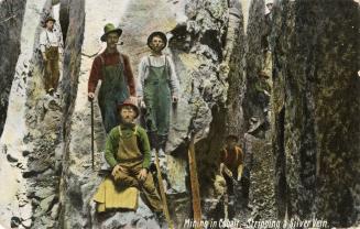 Colorized picture of six miners superimposed on rocky outcrops.