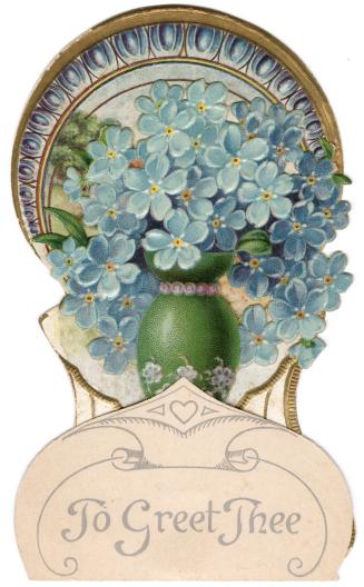 A pop-up card.Blue flowers in a green vase, with hearts around the base. A Pastoral scene in th ...