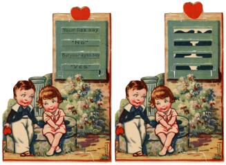 A mechanical card.A boy and girl sit side by side on a well looking at each other. Behind them  ...