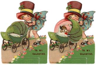 A mechanical card.A young girl wearing a large hat pushes a baby stroller down a path. The cove ...