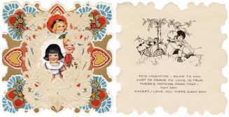 Folded lace card. The front shows two children framed by lace and a colourful pattern of hearts ...