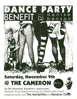 A poster advertising a dance party benefit with DJ Denise Benson at The Cameron House (408 Quee ...