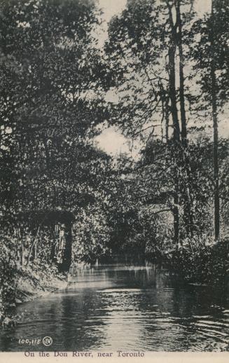 Black and white photograph of a valley surrounded by trees with a river running through it.