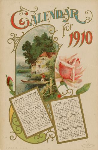 Small monthly calendars superimposed on a scene with a man poling a flat boat.