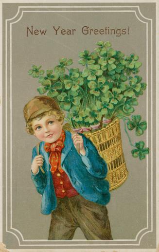 Drawing of a boy carrying a basket of four-leaf clovers.