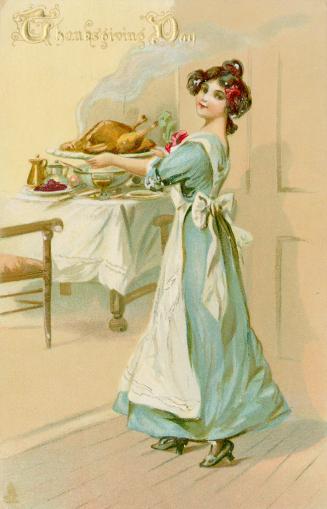 Drawing of a woman in an apron carrying a poultry roast on a large platter.