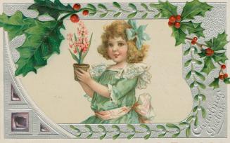 Drawing of a girl carrying a potted hyacinth bulb, surrounded by holly and mistletoe.