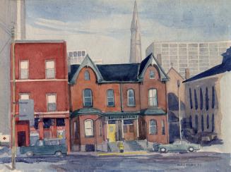 A watercolour painting of a row of three story houses and buildings facing a paved road. There  ...