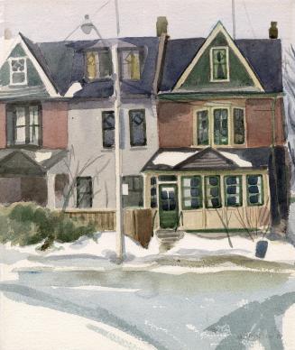 A watercolour painting of a row of three story houses during winter. There is snow on the groun ...