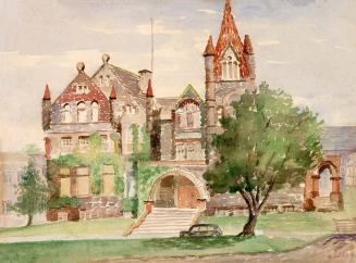 A painting of a large Richardsonian Romanesque building on a university campus, with a grassy a ...