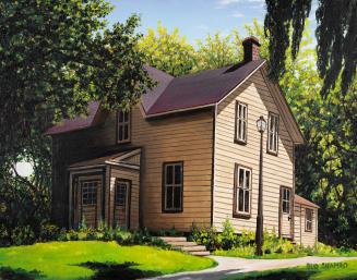 A painting of a two-story house with trees beside and behind it, and a lawn to the left of the  ...