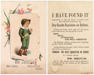 Colour trade card advertisement depicting an illustration of a child wearing a green outfit. Ca ...