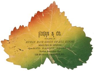 Colour trade card advertisement die-cut in the shape of a leaf, with a rainbow-colour theme. Ca…