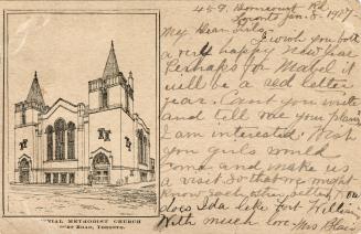 Line drawing of church with message written on right. 