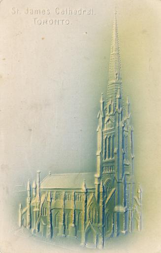 Embossed picture of a cathedral with large steeple. 