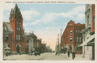 Colorized photograph a busy city street with three story buildings on wither side.