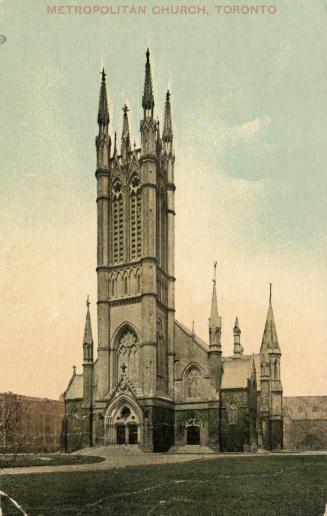 Picture of large church with steeple. 