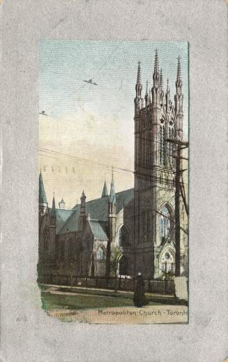 Picture of large church with steeple surrounded by silver border. 