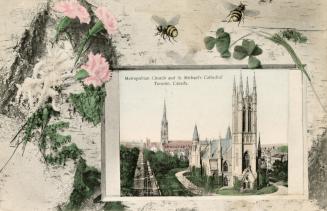Picture of cathedral church with other cathedral church in background set in border with flower ...