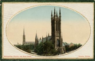 Picture of cathedral church and steeple in an oval frame. 