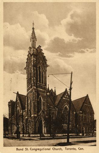 Picture of large church building with steeple. 