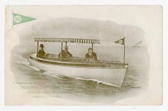 Illustration of small boat on the water with a striped awning and a three man crew. A flag with ...