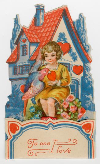 A pop-up card.A person seated and holding a bird and a heart, with flowers at her feet. A house ...