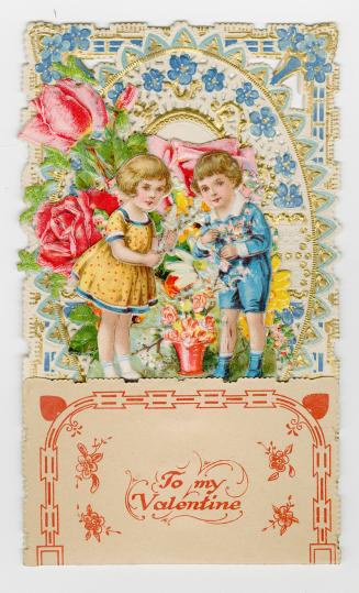 A pop-up card with four layers.Foreground: A boy and girl stand in grass holding flowers.Second ...