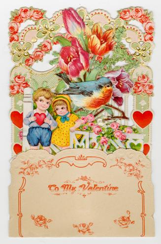 A pop-up card with four layers.Foreground: A couple exit a rose garden through a white fence.Se ...