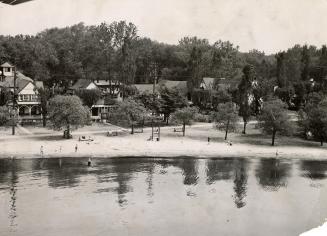 Picture of beach with cottages hidden in trees. 