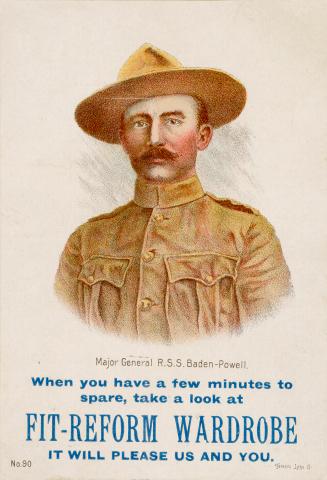Colour trade card advertisement depicting an illustration of Major General R.S.S. Baden-Powell, ...