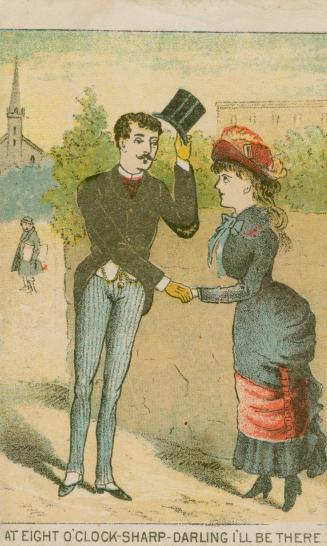 Colour trade card advertisement depicting a man in a top hat greeting a woman in a blue dress,  ...