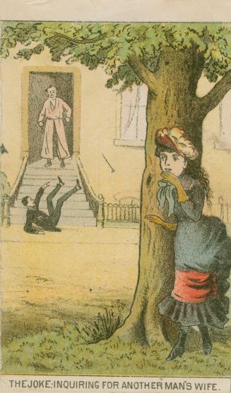 Colour trade card advertisement depicting a woman hiding behind a tree, with caption at the bot ...