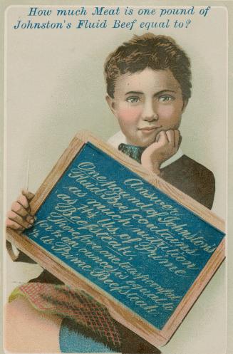 Colour trade card advertisement depicting a boy holding a blue sign, with caption at the top st ...