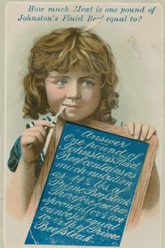 Colour trade card advertisement depicting a girl holding a blue sign, with caption at the top s ...