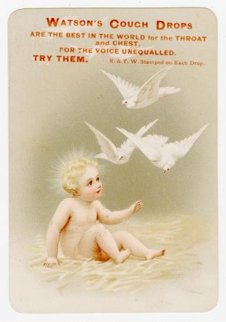 Colour trade card advertisement depicting an illustration of an angelic child with three doves. ...